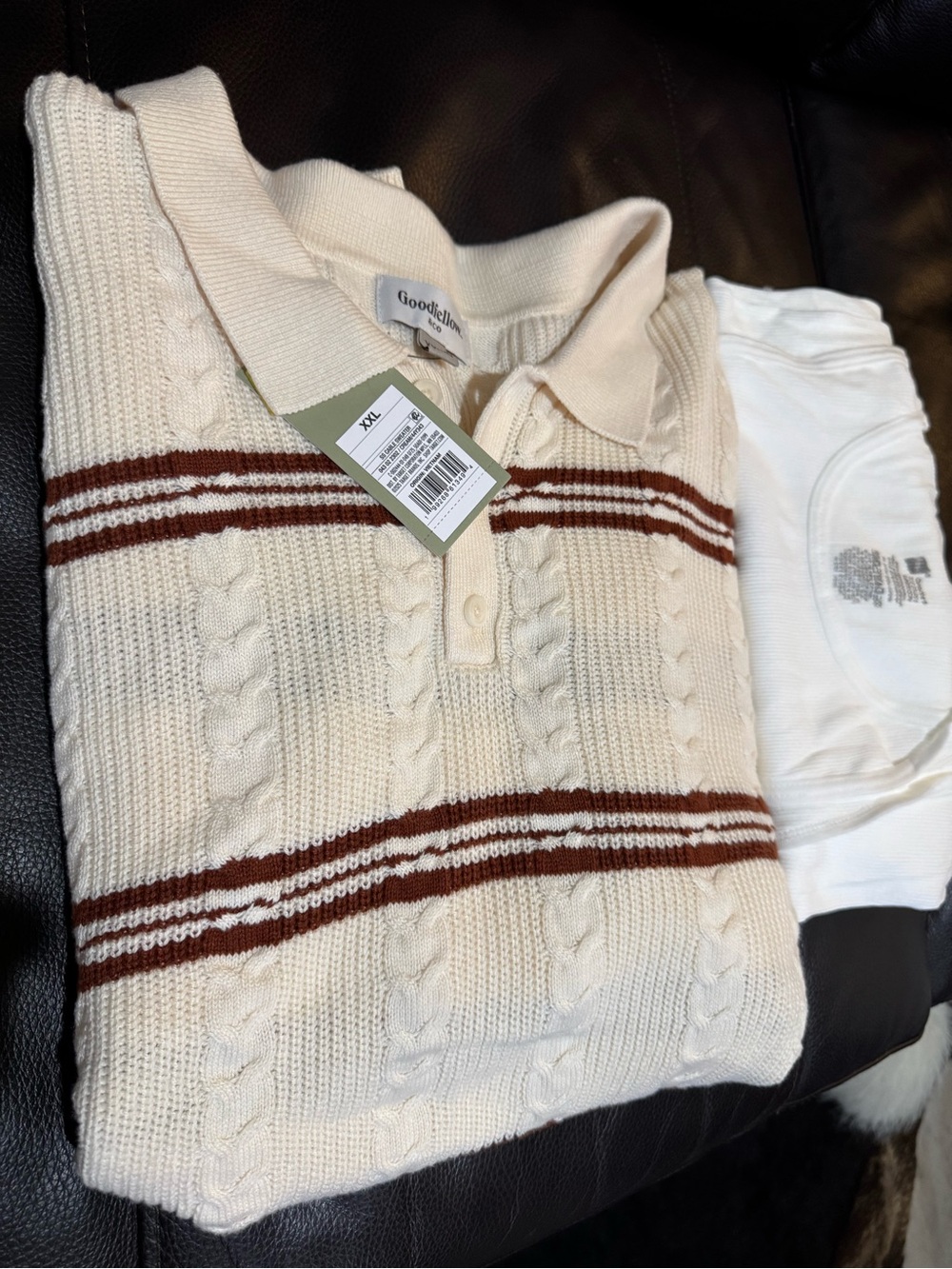 Goodfellow & Co Cream V-Neck Cable Polo Sweater with Brown Stripes